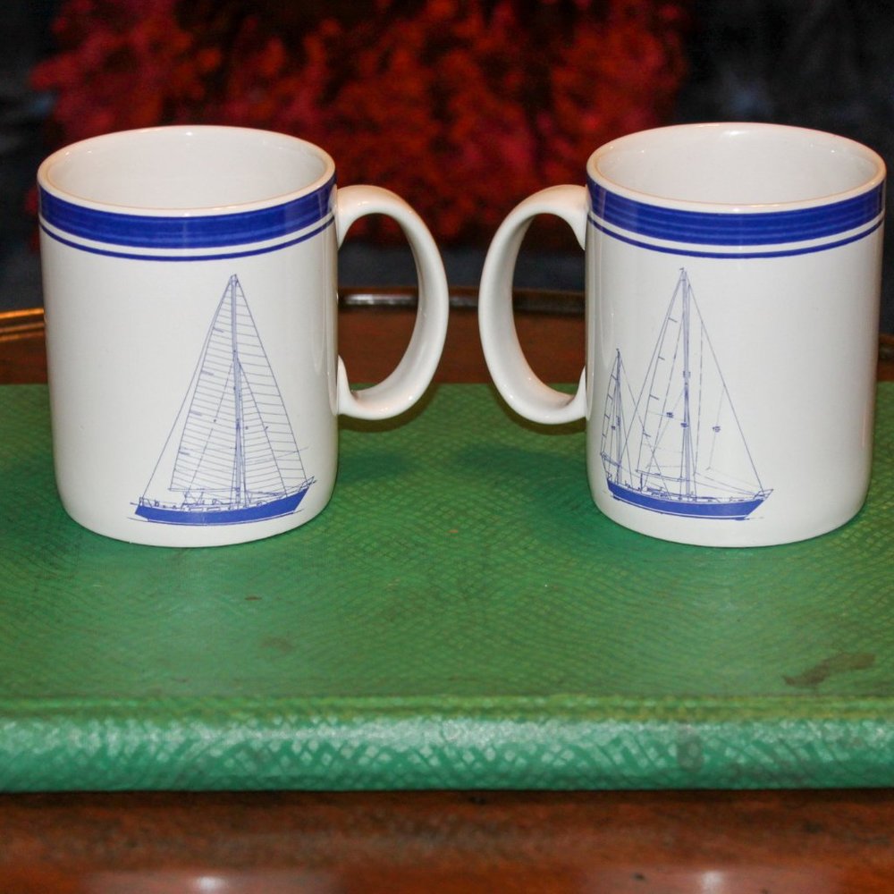 2 Primative Artisan Inc Coffee Mugs with Nautical Sailboat Theme